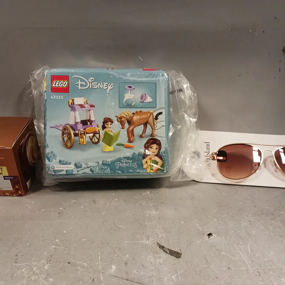 BOX OF APPROXIMATELY 5 ASSORTED ITEMS TO INCLUDE - LEGO DISNEY HORSE CARAGE , L'OREAL AGE PERFECT , RIVER ISLAND SUNGLASSES ETC