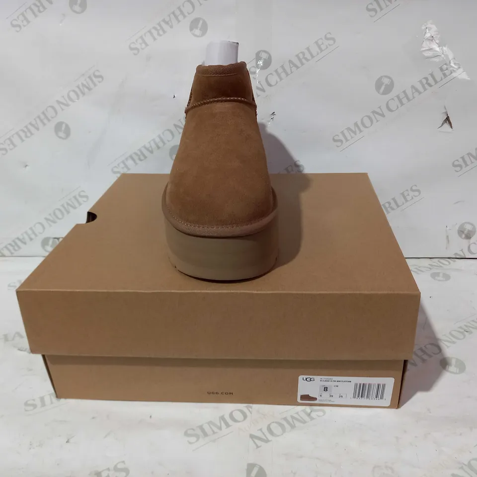 BOXED PAIR OF UGG CLASSIC ULTRA MINI PLATFORM SHOES IN BROWN UK SIZE 6
