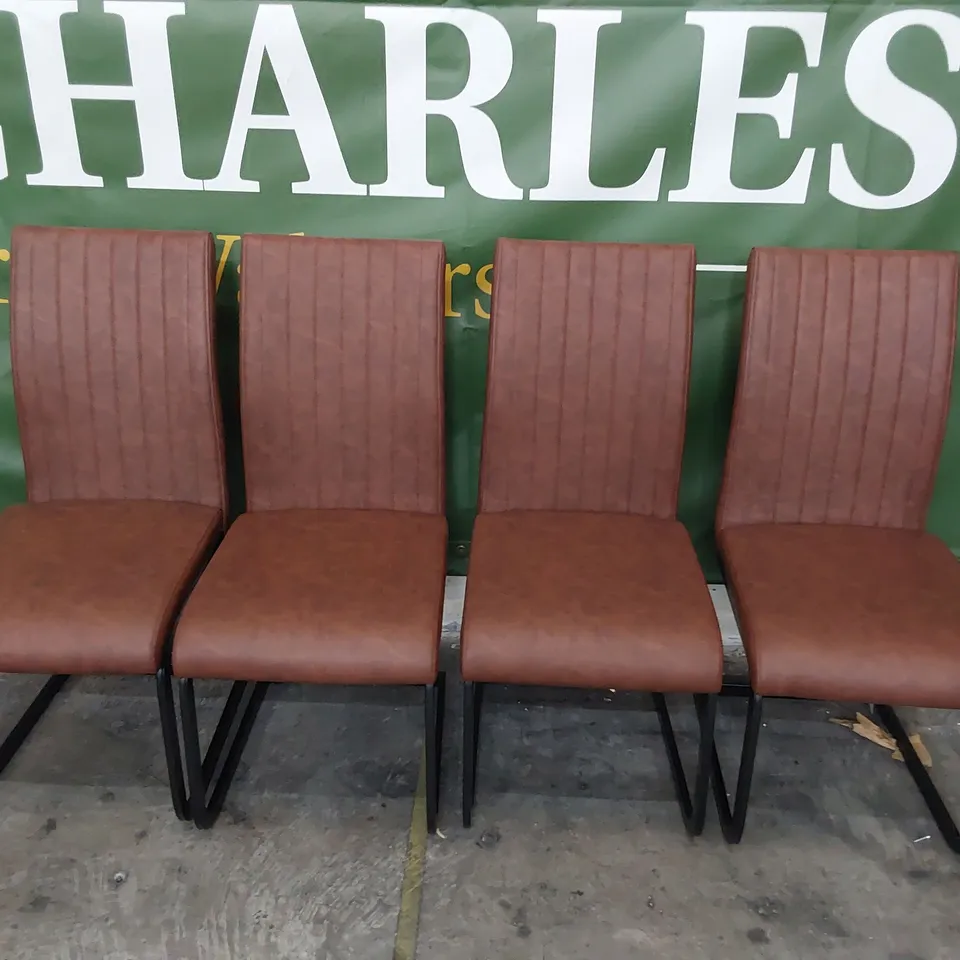 SET OF FOUR UPHOLSTERED DINING CHAIRS BROWN PU ON BLACK METAL FRAME