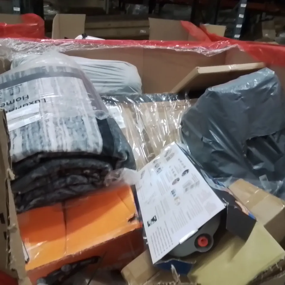 PALLET OF ASSORTED HOUSEHOLD GOODS AND PRODUCTS TO INCLUDE;AREA RUG,SPRINKLER,LAWN MOWER