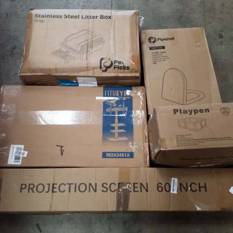 PALLET CONTAINING ASSORTED PRODUCTS INCLUDING STAINLESS STEEL LITTER BOX, TOILET SEATS, PLAYPEN, PROJECTION SCREEN 60" & TV STAND WITH MOUNT