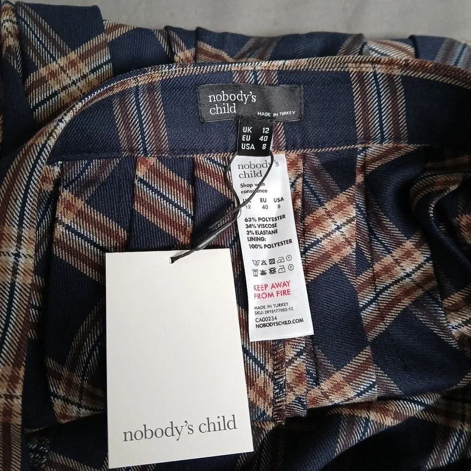 NOBODY'S CHILD CHECK MIDI KILT SKIRT – NAVY & BROWN, UK 12 (EU 40, US 8)