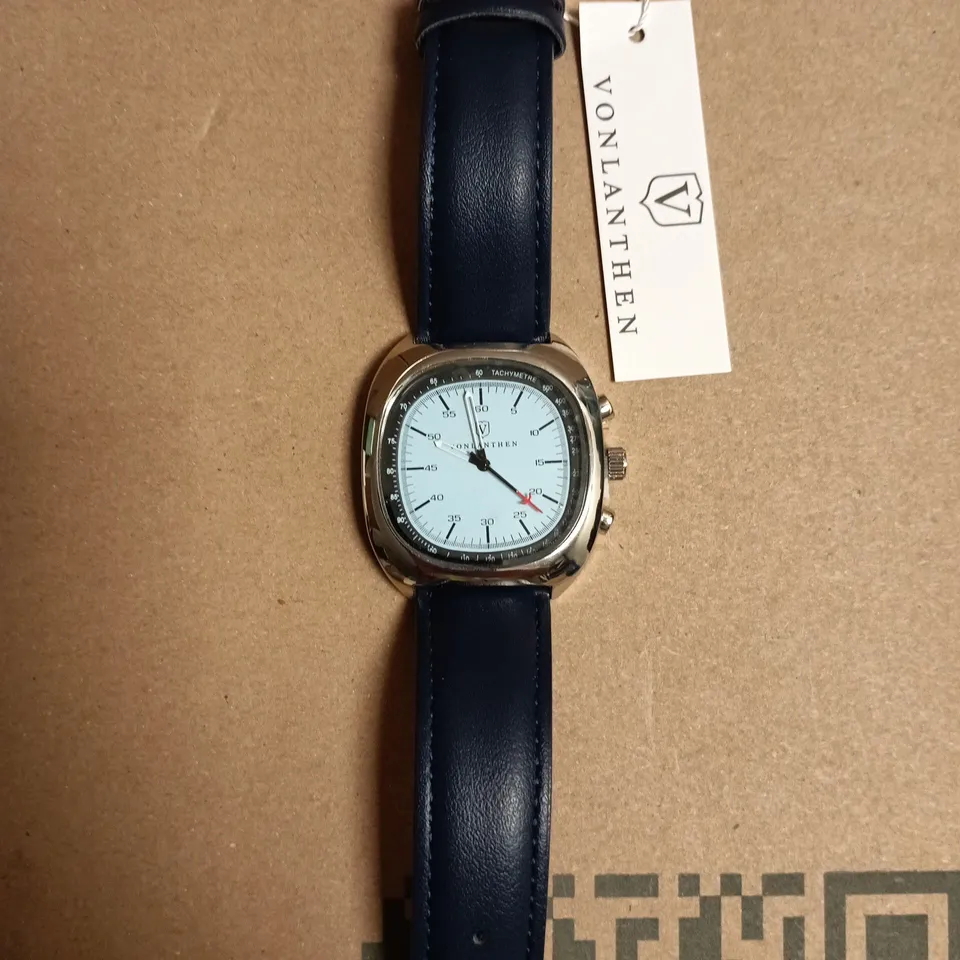 BOXED VONLANTHEN STAINLESS STEEL CHRONOGRAPH WATCH WITH LIGHT BLUE DIAL AND BLUE LEATHER STRAP