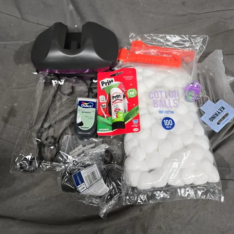 APPROXIMATELY 12 ASSORTED HOUSEHOLD ITEMS TO INCLUDE COTTON BALLS, PRITT STICK, DULUX EASY CARE BATHROOM DEWY LAEN, ETC