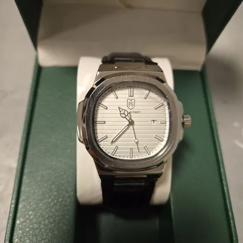 BOXED FRANK SCHMIDT AMBASSADOR SILVER DIAL BLACK LEATHER STRAP WATCH