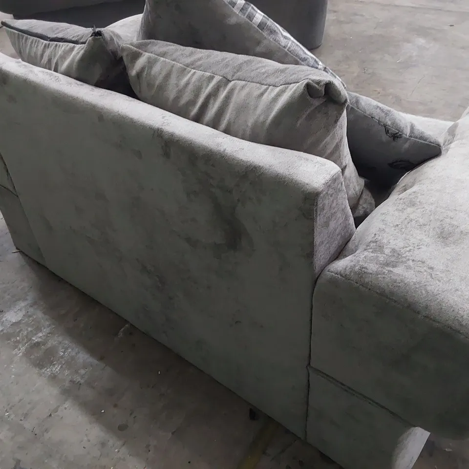 DESIGNER TWO SEATER SCROLL ARM SOFA GREY FABRIC WITH SCATTER CUSHIONS 