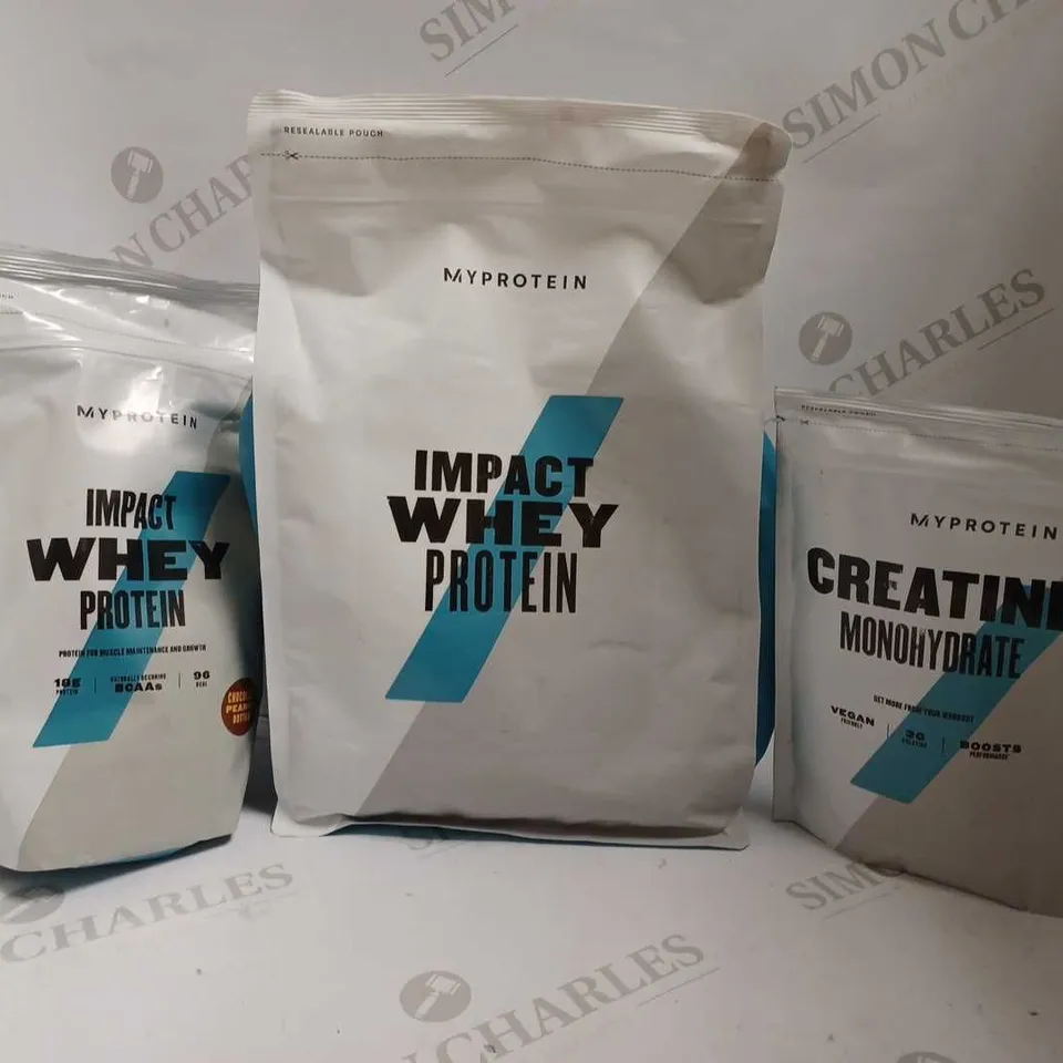 LOT OF 3 ITEMS TO INCLUDE MYPROTEIN IMPACT WHEY PROTEIN (1KG), MYPROTEIN CREATINE MONOHYDRATE (250g), MYPROTEIN IMPACT WHEY PROTEIN (CHOCOLATE PEANUTBUTTER - 500g)
