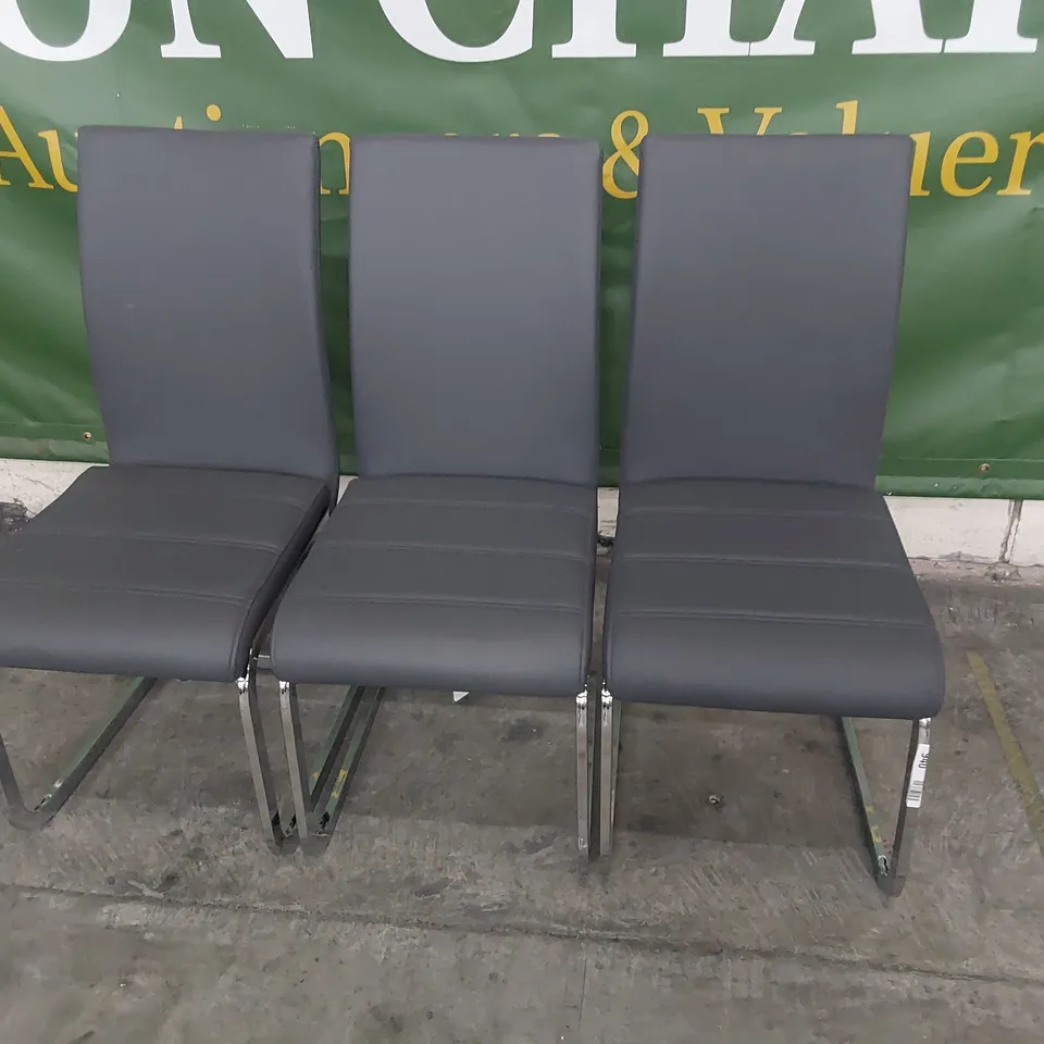 SET OF THREE UPHOLSTERED DINING CHAIRS GREY PU ON CHROME FRAMES 