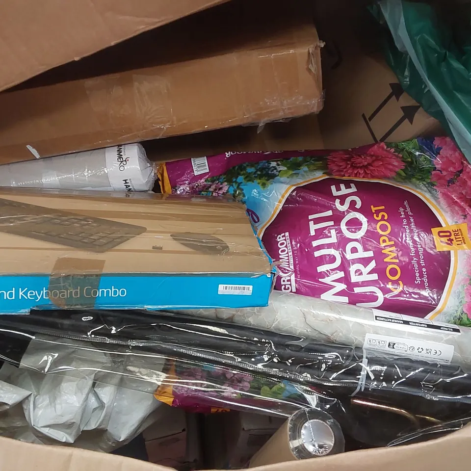PALLET OF ASSORTED ITEMS TO INCLUDE: IRONING BOARD, HP KEYBOARD SET, COMPOST, A4 PAPER ECT