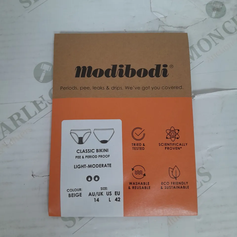 MODIBODI PERIOD UNDERWEAR CLASSIC BIKINI LIGHT-MODERATE IN BEIGE SIZE 14/L RRP £125