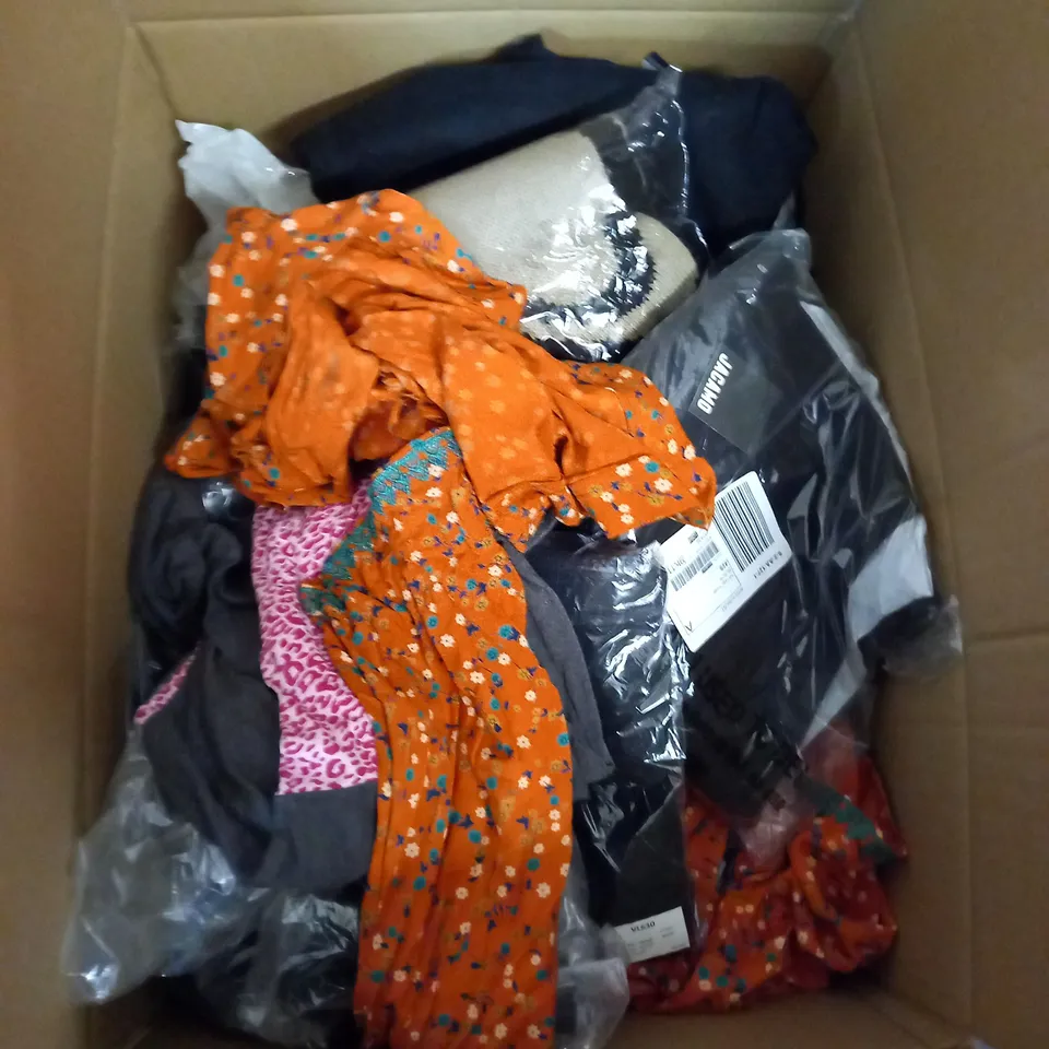BOX OF ASSORTED CLOTHING ITEMS TOO INCLUDE DRESSES , SHIRTS AND TROUSERS IN VARIOUS SIZES AND COLOURS