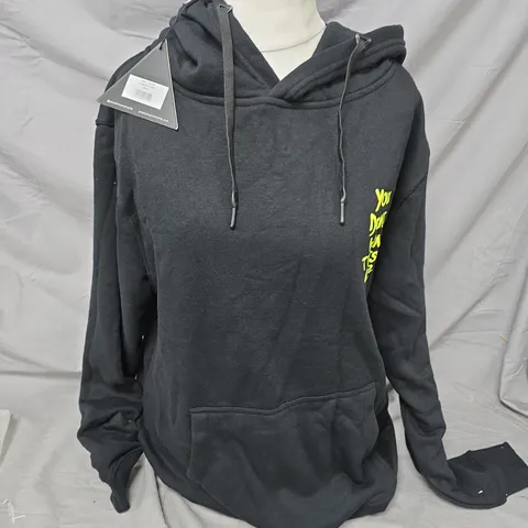 YDWTL YELLOW PAINTER HOODIE – SIZE M, BLACK WITH NEON BACK PRINT