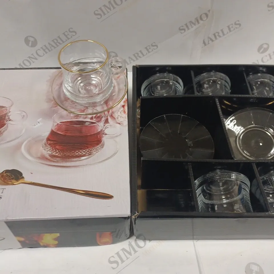 BOXED 12-PIECE CUP AND SRUCES SET / COLLECTION ONLY