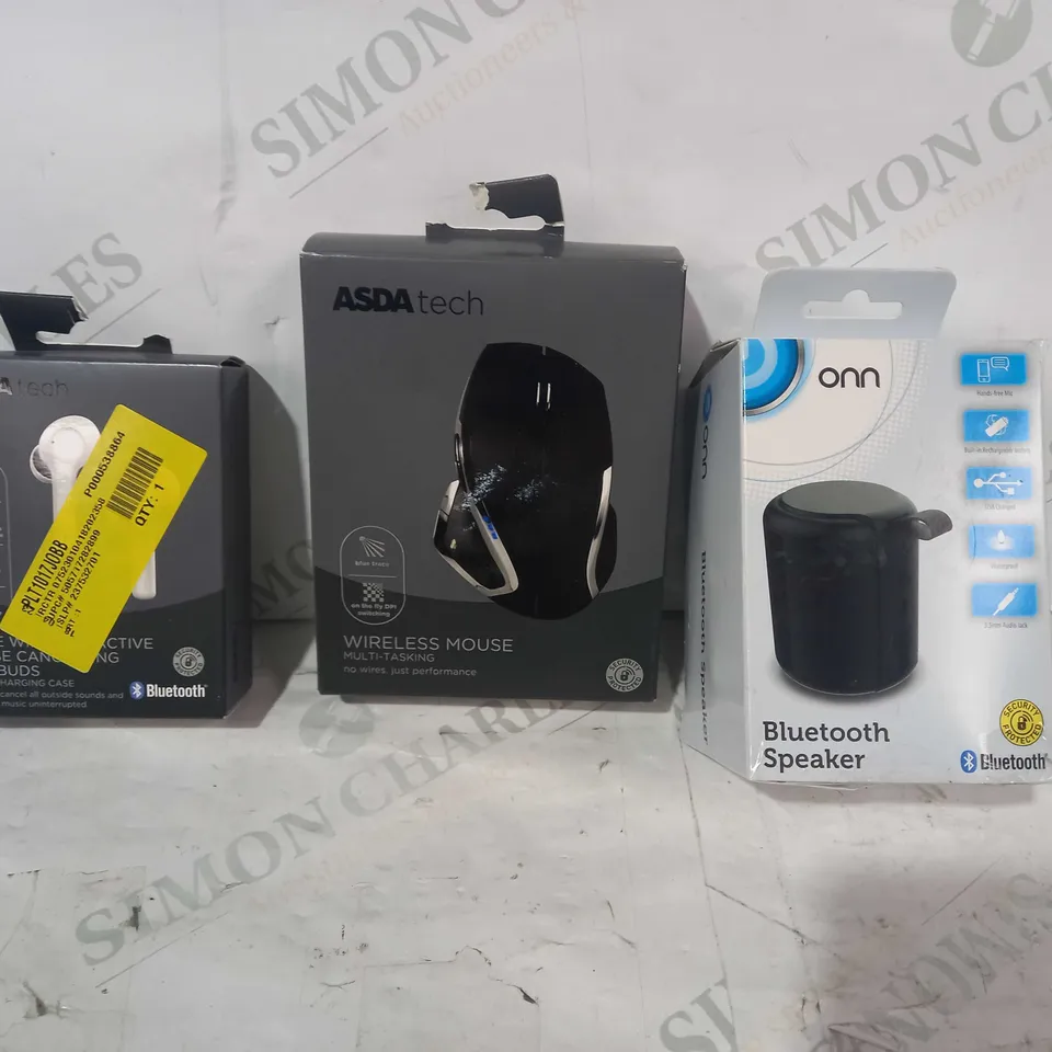 BOX OF APPROXIMATELY 40 ASSORTED ELECTRICAL ITEMS TO INCLUDE ONN BLUETOOTH SPEAKER, ASDA TECH WIRELESS MOUSE, ASDA TECH TRUE WIRELESS ACTIVE NOISE CANCELLING EARBUDS, ETC