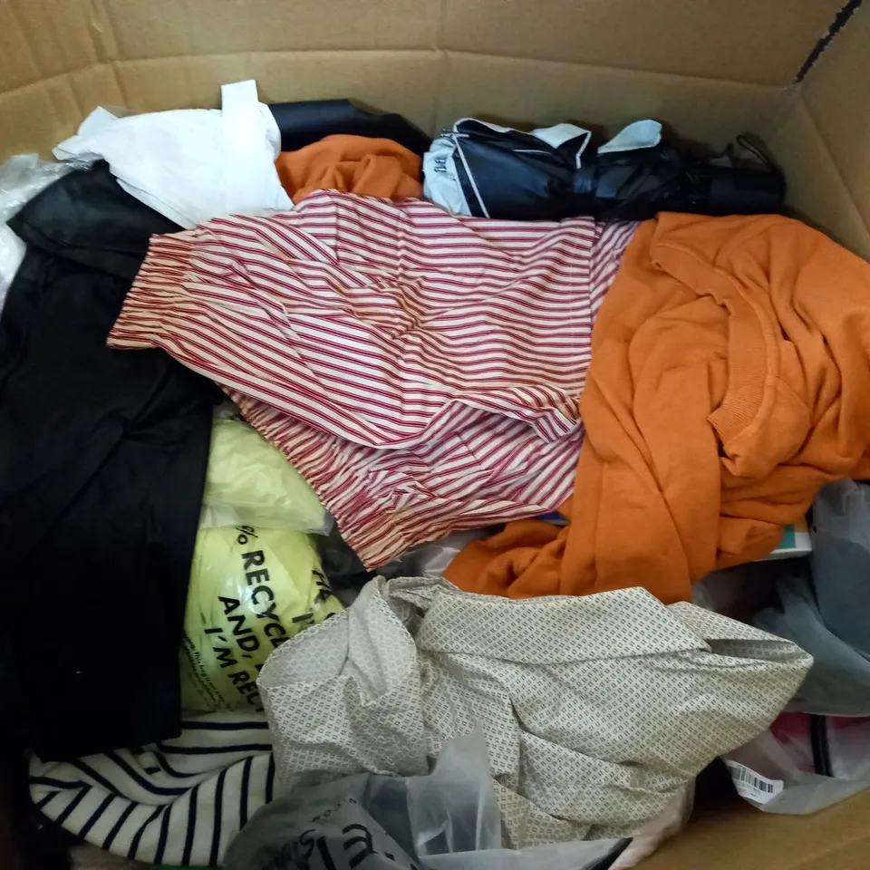  BOX OF ASSORTED CLOTHING ITEMS TOO INCLUDE DRESSES , SHIRTS AND TROUSERS IN VARIOUS SIZES AND COLOURS   