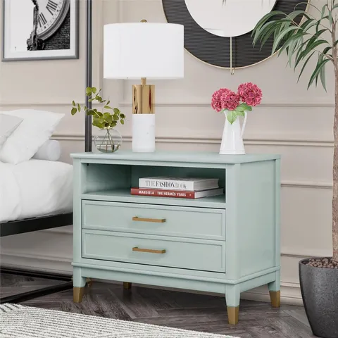BOXED BEDSIDE CABINET WESTERLEIGH PALE GREEN WIDE NIGHTSTAND