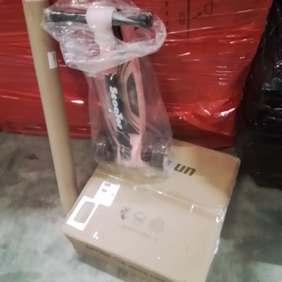 PALLET OF ASSORTED HOUSEHOLD GOODS AND PRODUCTS TO INCLUDE;MAGNETIC BOARD,CEILING FAN,SCOOTER