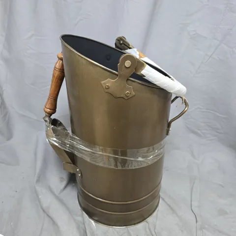 BRASS COAL SCUTTLE WITH WOODEN HANDLE