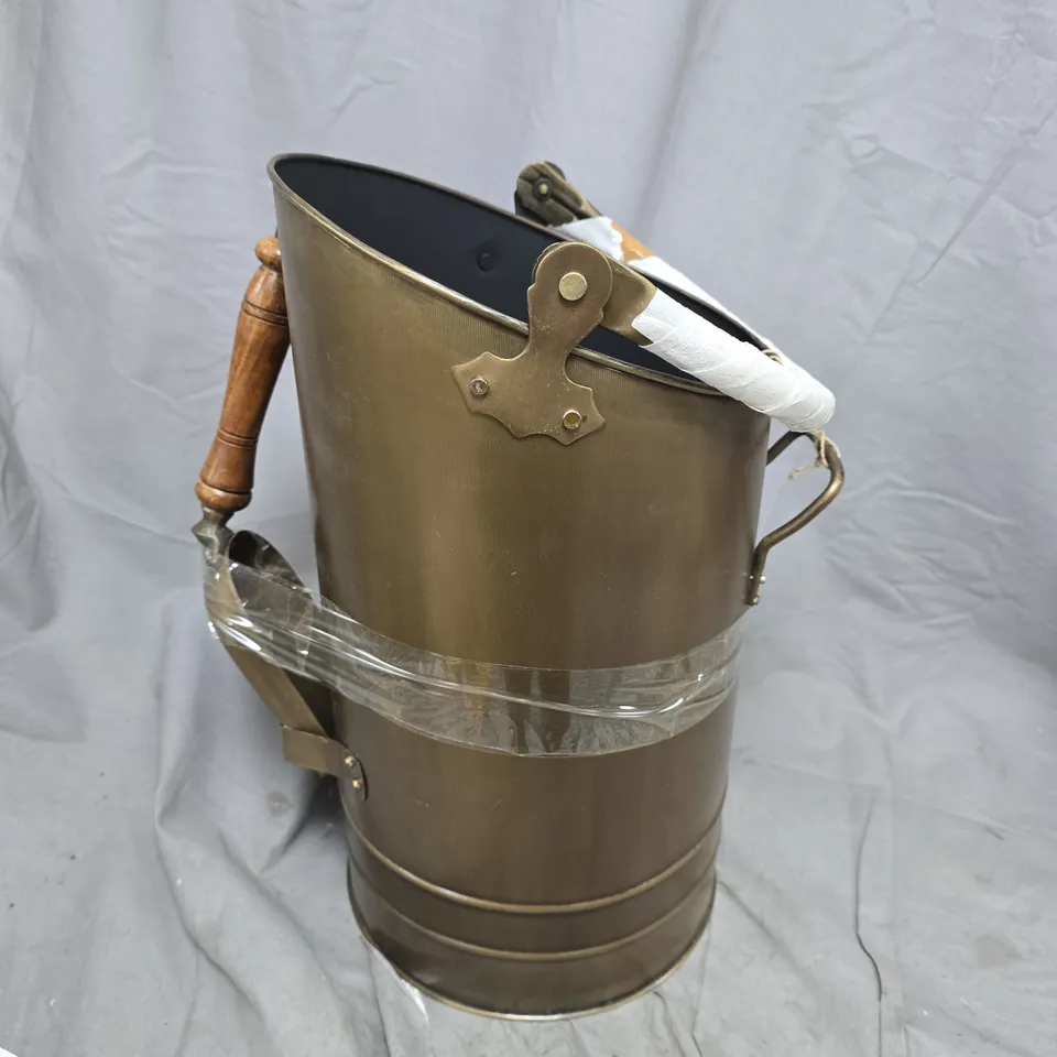 BRASS COAL SCUTTLE WITH WOODEN HANDLE