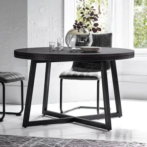 BOXED BOHO BOUTIQUE BLACK WOOD RUSTIC ROUND DINING TABLE WITH CARVED INLAY PATTERN (1 BOX)