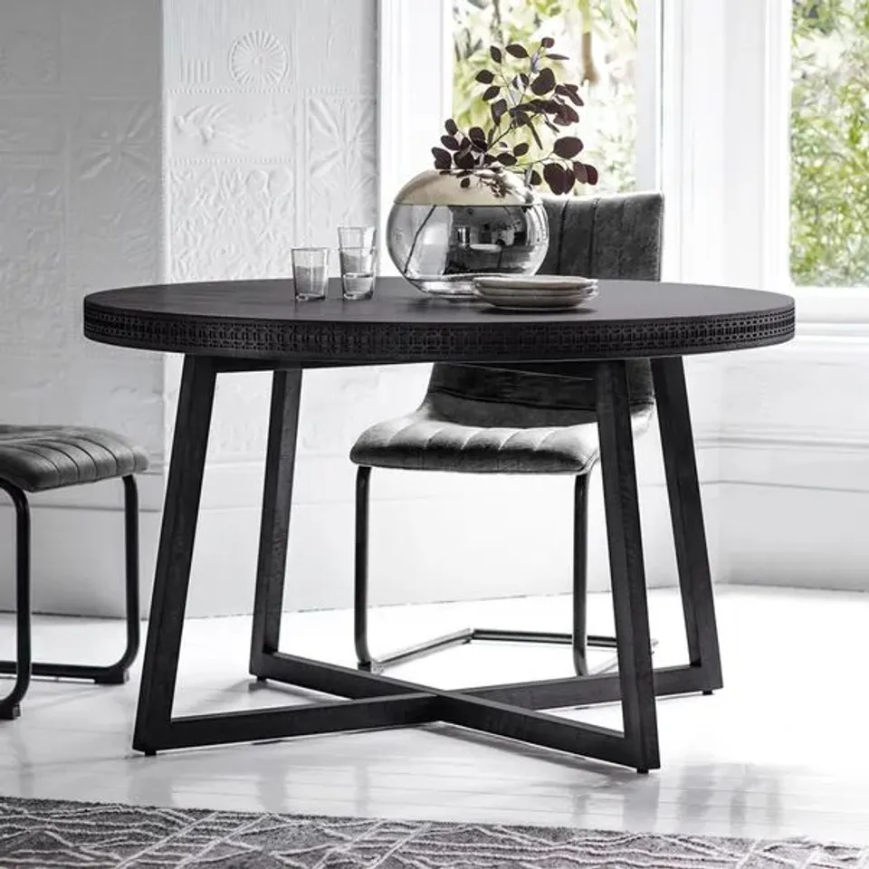 BOXED BOHO BOUTIQUE BLACK WOOD RUSTIC ROUND DINING TABLE WITH CARVED INLAY PATTERN (1 BOX)