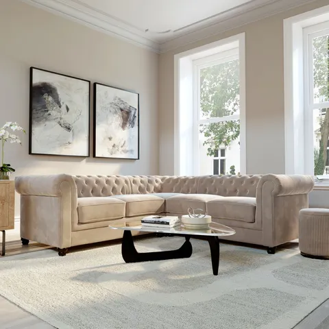 BOXED HAMPTON CHAMPAGNE VELVET CHESTERFIELD CORNER SOFA (3 BOXES)