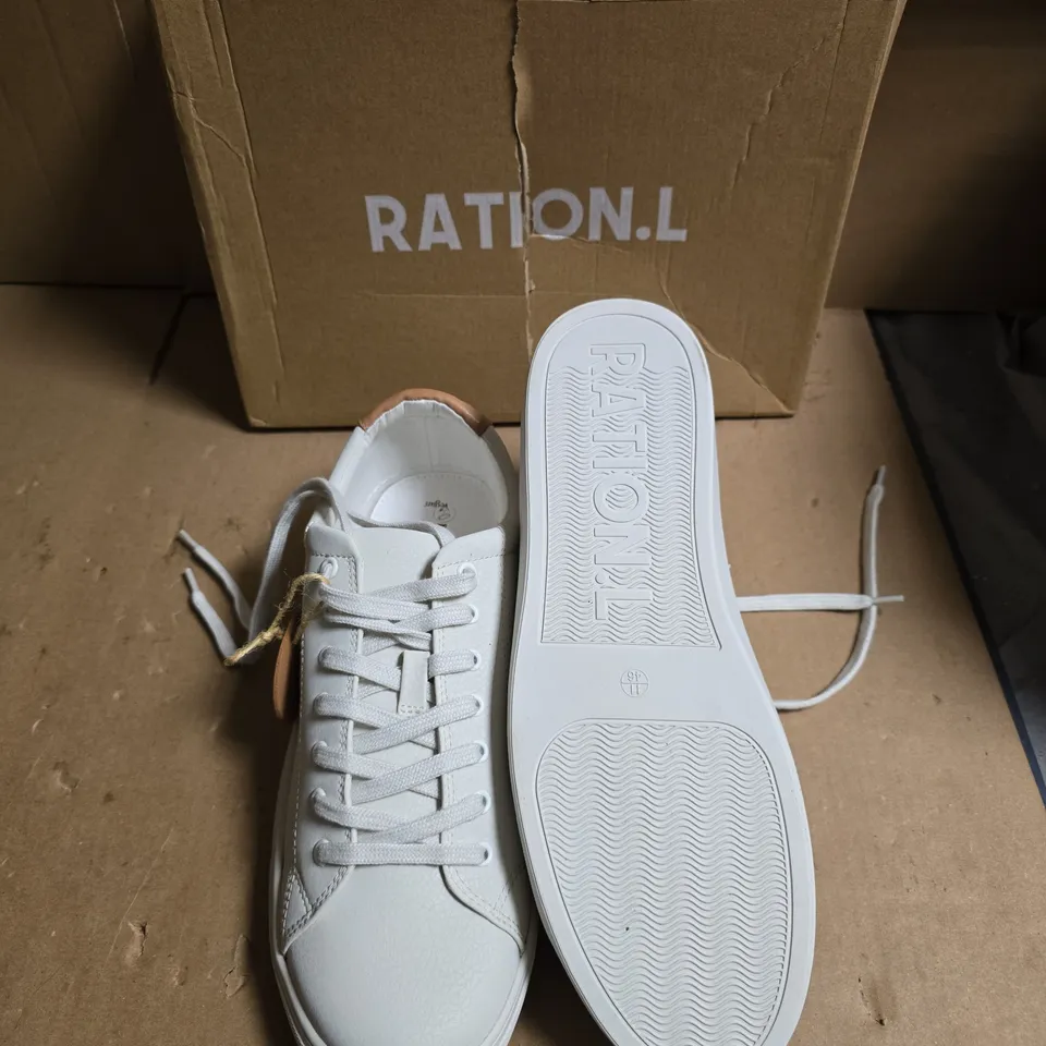 RATION.L WHITE LEATHER SNEAKERS – LOW-TOP, TAN HEEL TAB -  SIZE UK 11