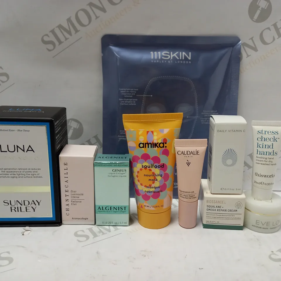 LOT OF APPROX 10 ASSORTED BEAUTY PRODUCTS TO INCLUDE SUNDAY RILEY LUNA NIGHT SLEEPING OIL, ALGENIST GENIUS LIQUID COLLAGEN, AMIKA NOURISHING MASK, ETC 