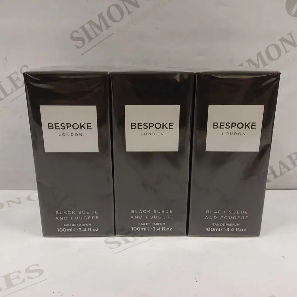 LOT TO CONTAIN 3 X BESPOKE LONDON BLACK SUEDE AND FOUGERE EAU DE PARFUM - 100ML EACH