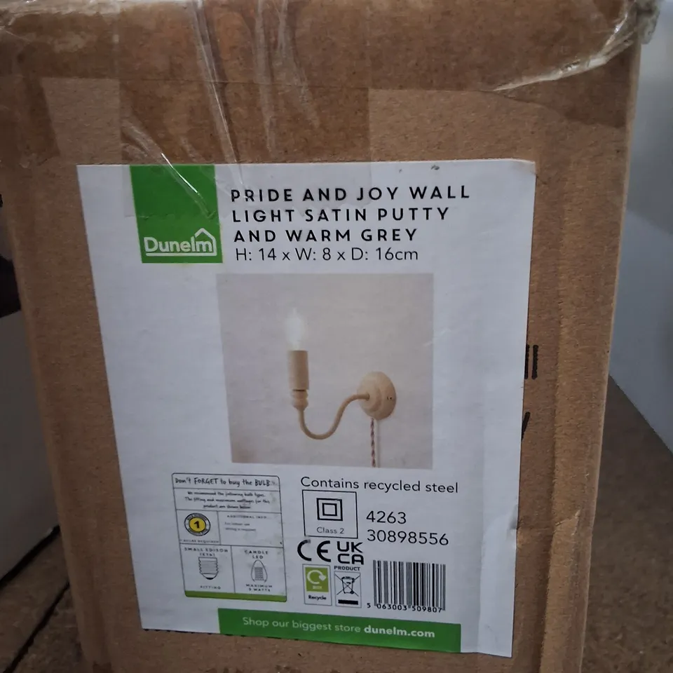 BOXED DUNELM PRIDE AND JOY WALL LIGHT – SATIN PUTTY & WARM GREY
