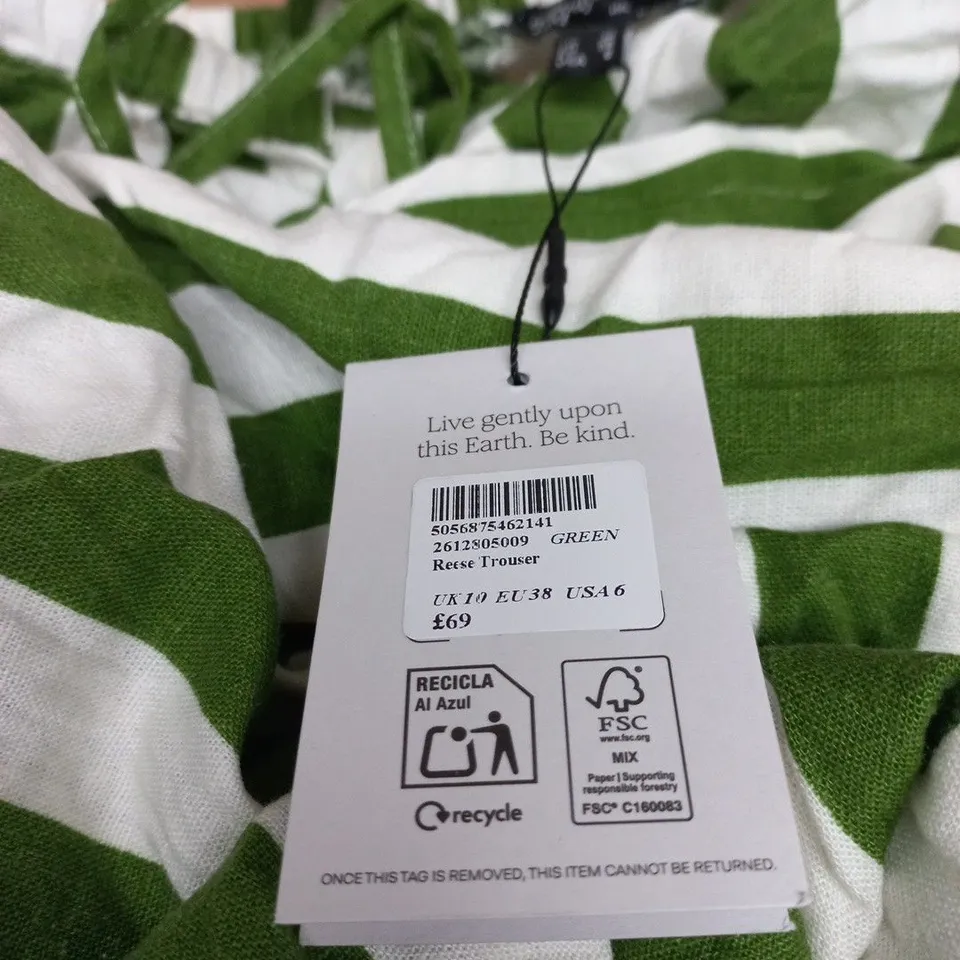 NOBODYS CHILD REESE TROUSER – GREEN & WHITE STRIPED, WOMEN'S TROUSERS, UK 10 (EU 38, USA 6)