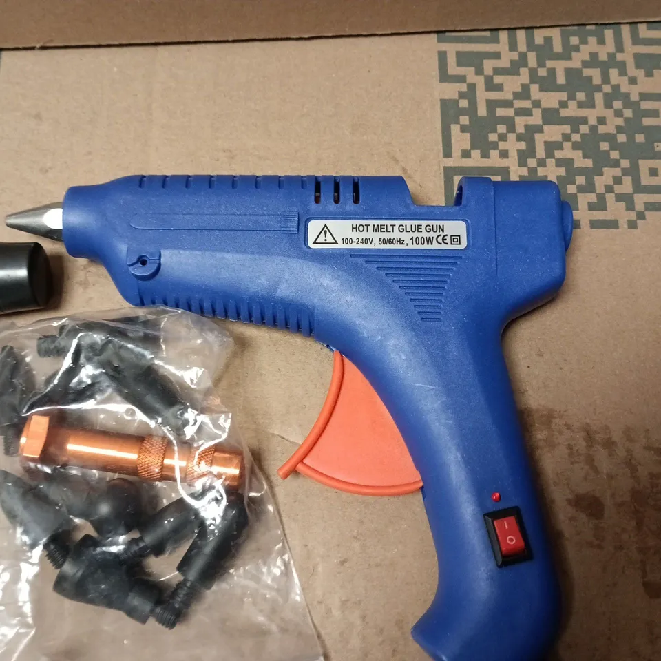 BOX OF ASSORTED AUTOMOTIVE REPAIR TOOLS INCLUDEDING HOT GLUE GUN