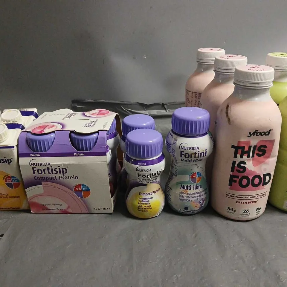 LOT OF 13 ASSORTED NUTRITIONAL DRINKS TO INCLUDE YFOOD AND NUTRICIA FORTISIP