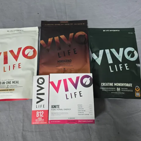 LOT OF 5 ASSORTED VIVO LIFE DIETARY SUPPLEMENTS TO INCLUDE ALL IN ONE MEAL AND B12 LIQUID COMPLEX