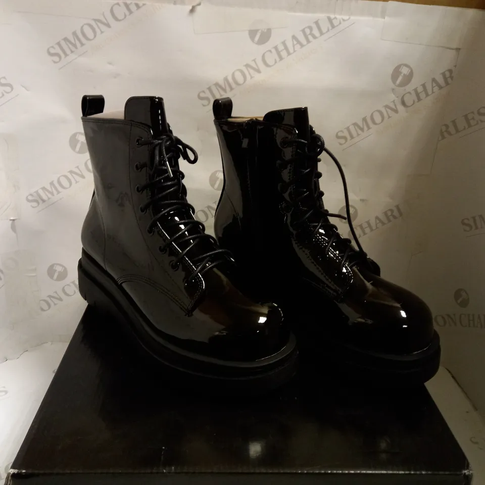 KOI VEGAN MORVEN BLACK PATENT LACE UP BOOTS - SIZE 6