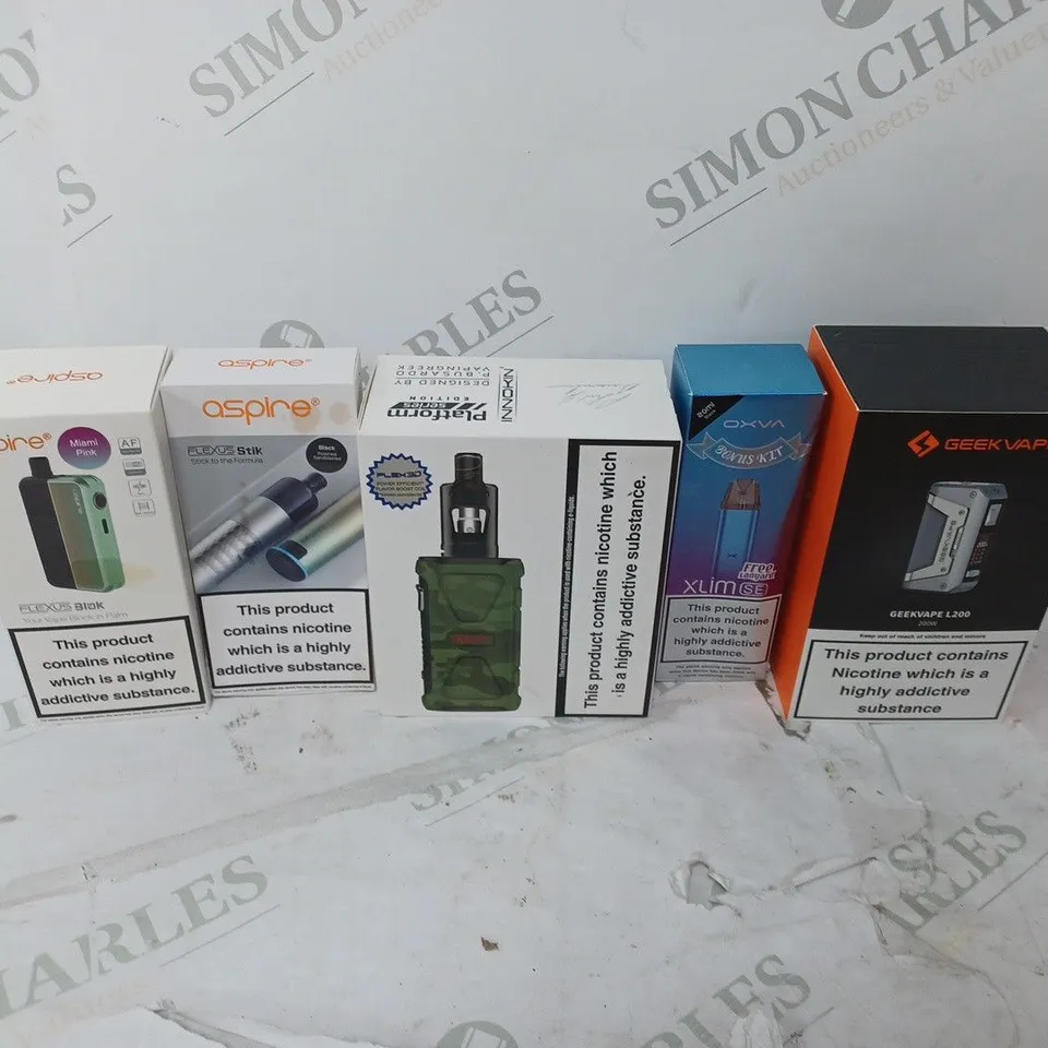 LOT OF APPROXIMATELY 10 BOXED E-CIGARETTES TO INCLUDE GEEKVAPE 1FC, ASPIRE FLEXUS BIOK, AND ASPIRE FLEXUS STIK ETC. 