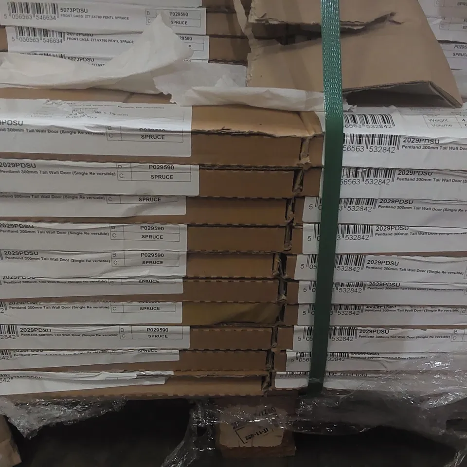 PALLET CONTAINING A LARGE QUANTITY OF ASSORTED BATHROOM FURNITURE PANELS INCLUDING: PENTLAND TALL WALL DOORS ECT