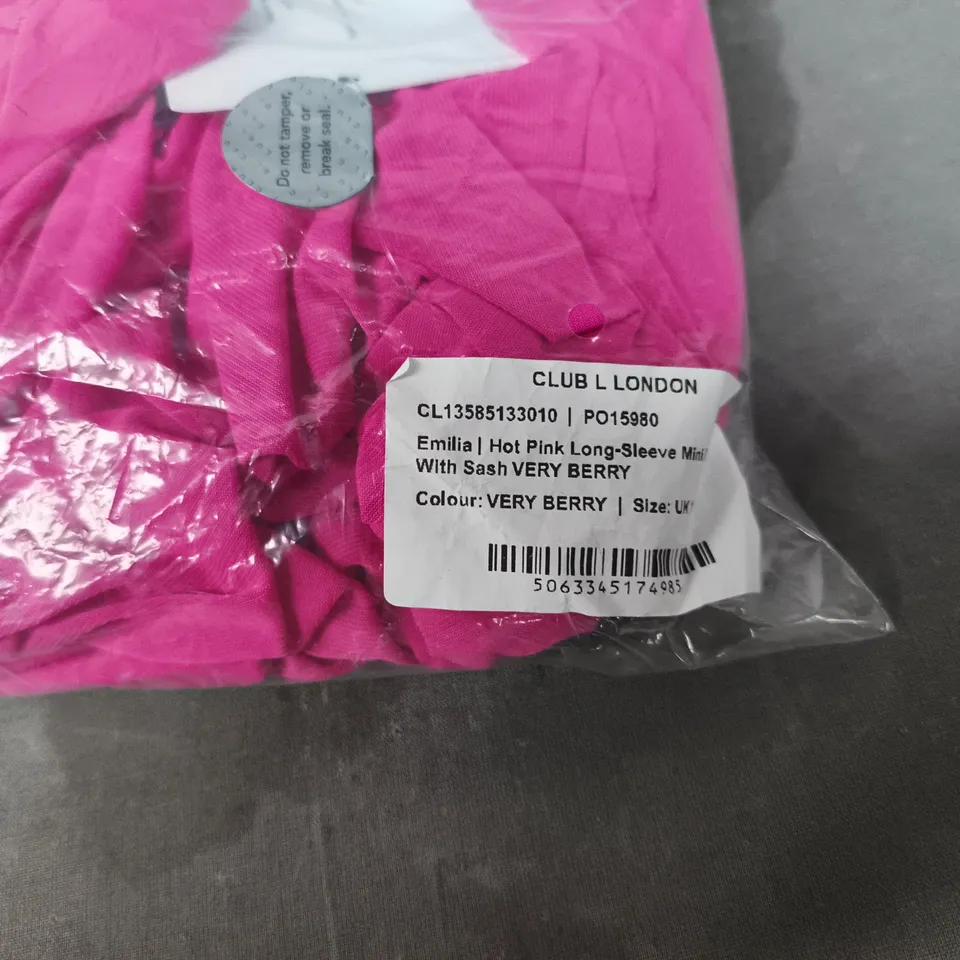 CLUB L LONDON HOT PINK LONG-SLEEVE MINI DRESS WITH SASH – VERY BERRY - SIZE 10