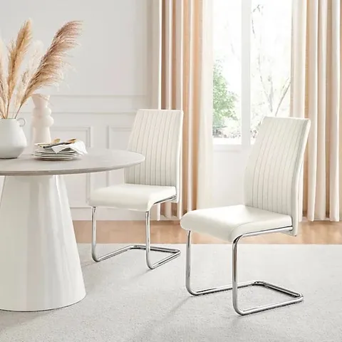 BOXED SET OF 2 - DINING MODERN DINING CHAIRS - WHITE FAUX LEATHER CHROME LEG DINING CHAIRS - KITCHEN DINING ROOM CHAIRS (1 BOX)