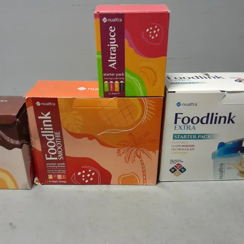 TOTE OF APPROXIMATELY 4 ASSORTED FOOD ITEMS TO INCLUDE - NUALTRA FOODLINK EXTRA STARTER PACK , NUALTRA ALTRAJUCE , NUALTRA FOODLINK SMOOTHIE ETC