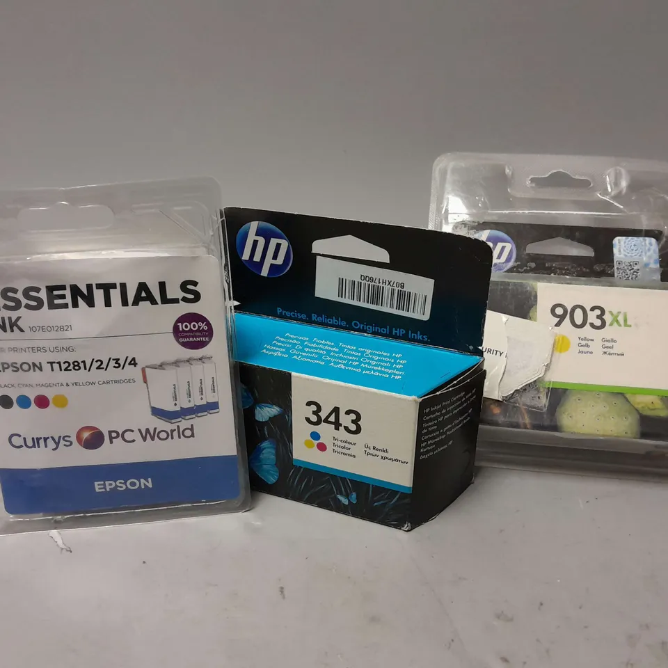 12 ASSORTED PRINTER INKS TO INCLUDE EPSON ESSENTIALS E-18 MULTIPACK, HP 343 TRI-COLOUR, EPSON T1295 MULTIPACK, ETC