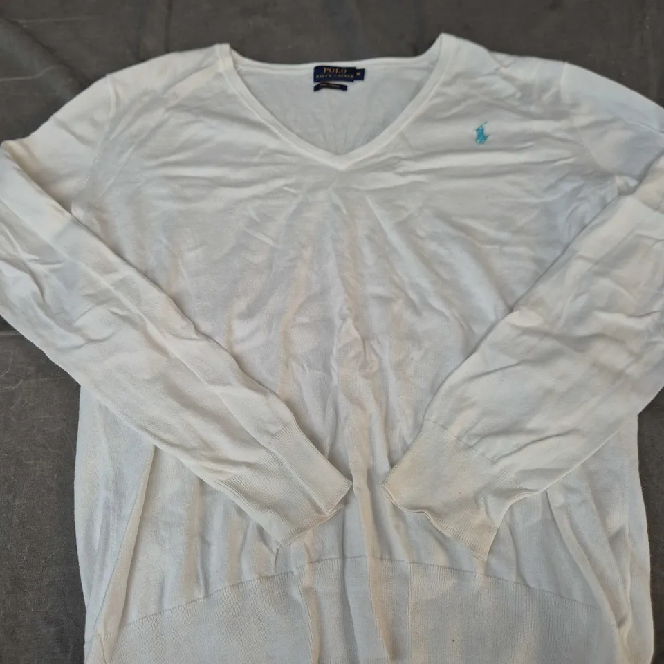 POLO RALPH LAUREN WHITE V-NECK KNIT JUMPER - SIZE M