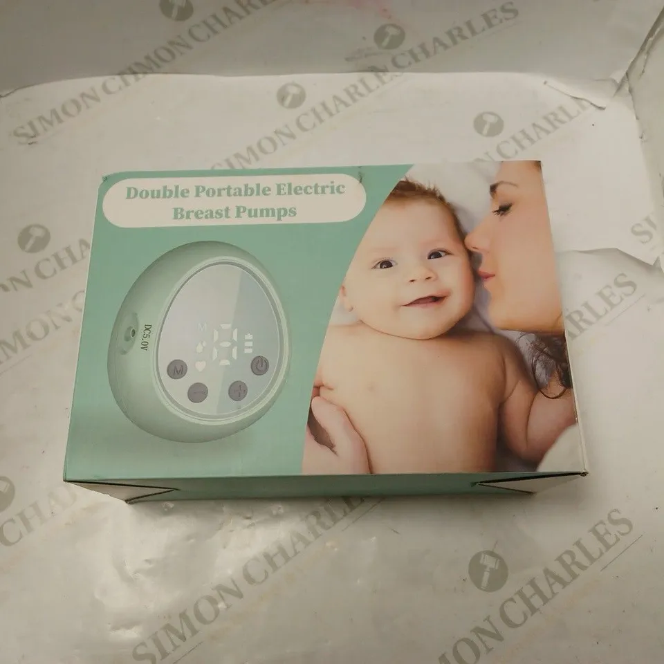 BOXED DOUBLE PORTABLE ELECTRIC BREAST PUMPS WITH ACCESSORIES, USB CABLE AND INSTRUCTIONS