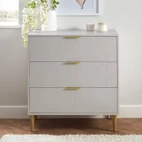 BOXED LAURA JAMES GLORIA 3 DRAWER CHEST OF DRAWERS - MIST GREY (1 BOX)