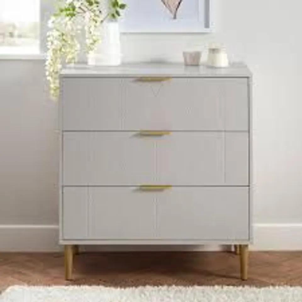 BOXED LAURA JAMES GLORIA 3 DRAWER CHEST OF DRAWERS - MIST GREY (1 BOX)