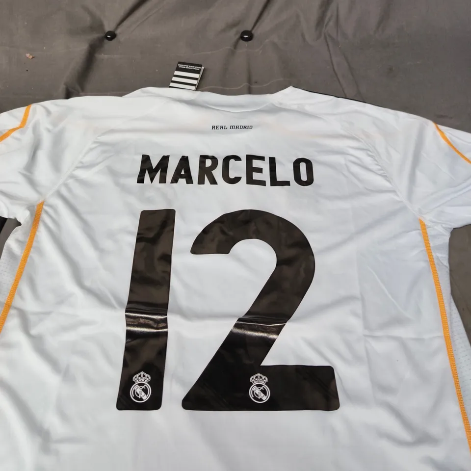 REAL MADRID FOOTBALL SHIRT – MARCELO 12, ADIDAS CLIMACOOL, WHITE SIZE L