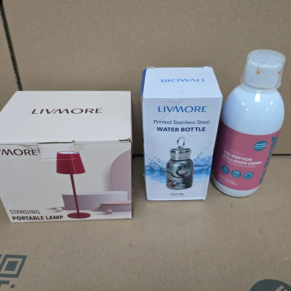 LARGE QUANTITY OF ASSORTED ITEMS TO INCLUDE LIVMORE PORTABLE LAMP, LIVMORE STAINLESS STEEL WATER BOTTLE, NUMII COLLAGEN DRINK, ETC - COLLECTION ONLY