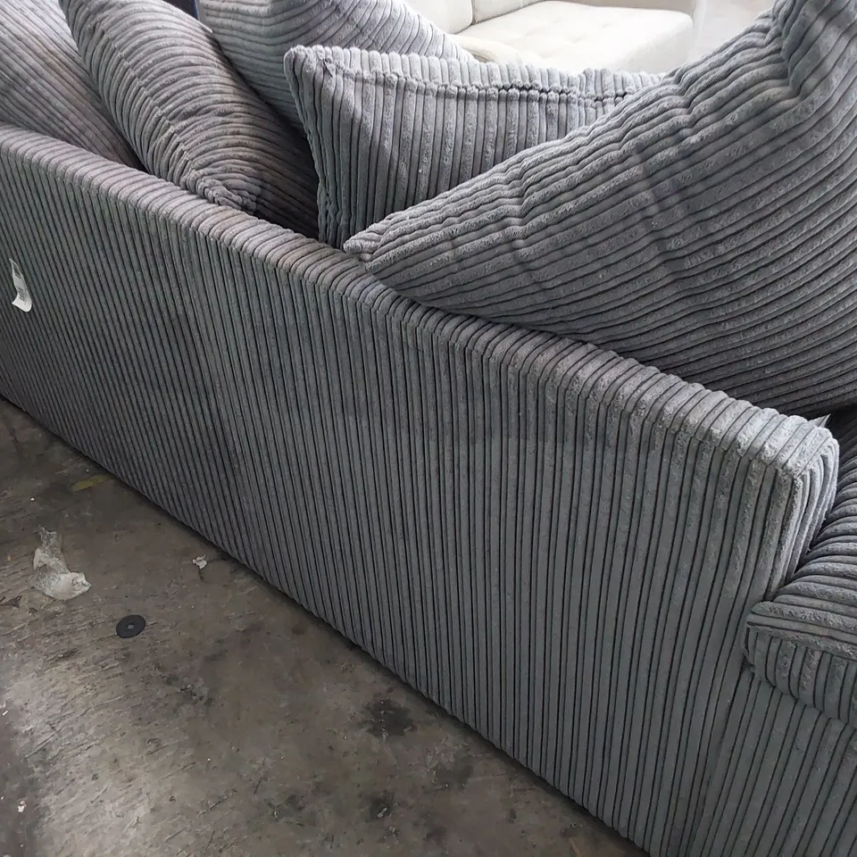 DESIGNER THREE SEATER SOFA WITH SCATTER CUSHIONS GREY JUMBO CHORD 