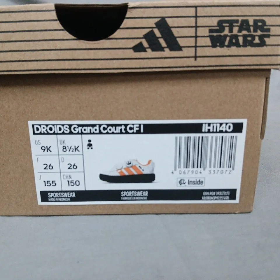 BOXED ADIDAS DROIDS GRAND COURT CF I KIDS' SHOES - STAR WARS EDITION IN WHITE/ORANGE - UK 8.5K 