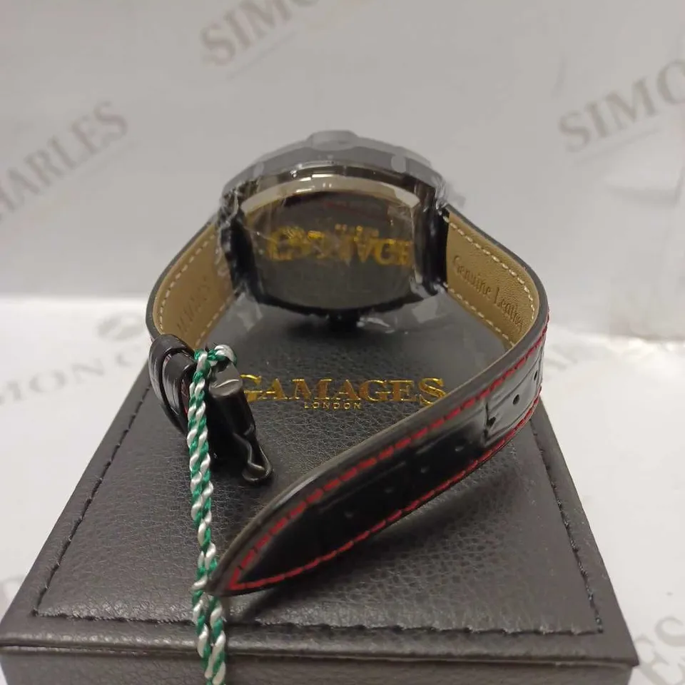 GAMAGES GALACTIC BLACK TRIPLE DATE DIAL RED STRIPE AUTOMATIC LEATHER STRAP WRISTWATCH	
